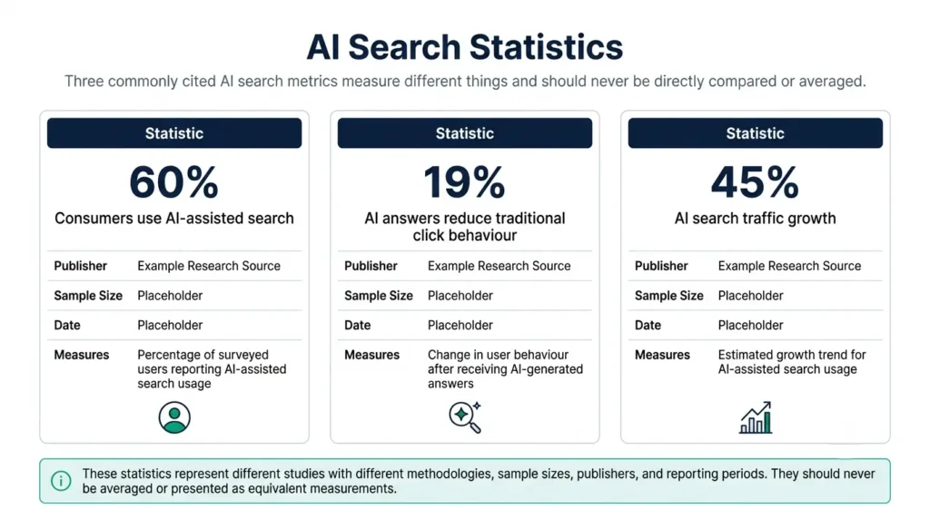Three AI search market share figures compared by what each one measures and its source