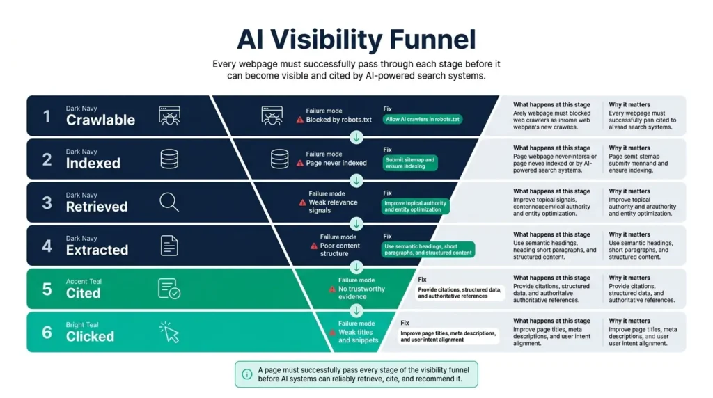 ChatGPT SEO visibility funnel from crawlable to cited, with the failure mode at each stage