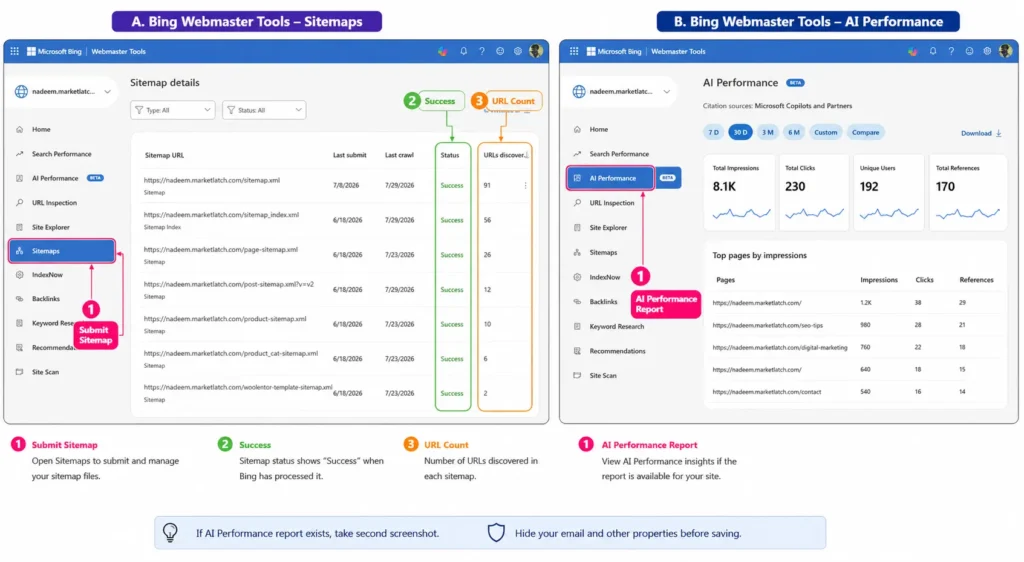 Bing Webmaster Tools dashboard with a submitted sitemap and the AI performance report