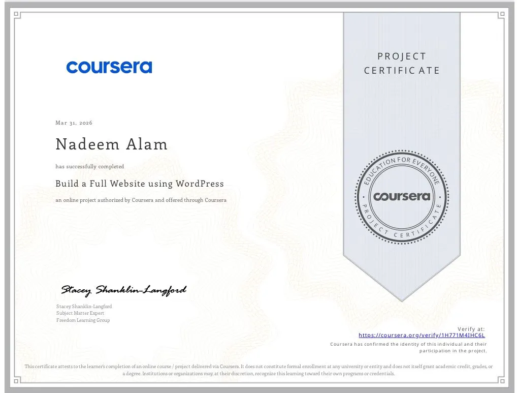 Coursera project certificate for Building a Full Website using WordPress completed by developer Nadeem Alam
