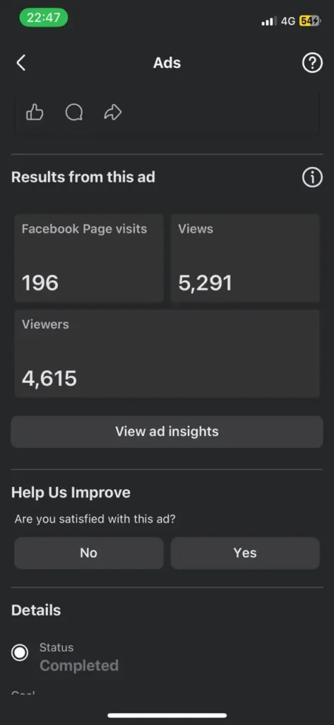 Facebook page growth ad results with 196 visits for marketing SEO case studies