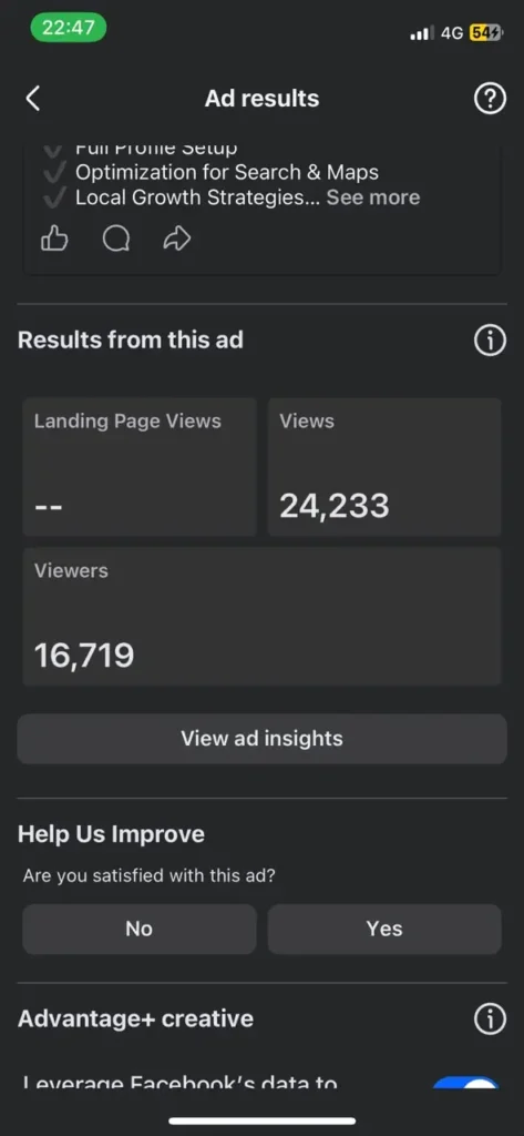 Google Business Profile local SEO case study showing 24k Meta ad views