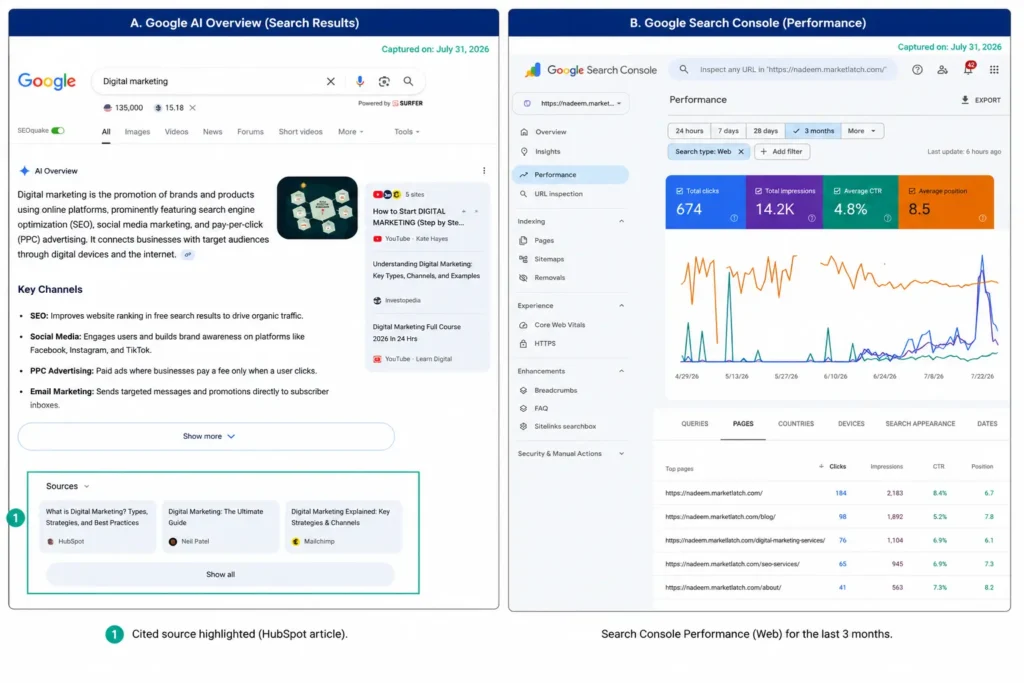A live Google AI Overview with its cited source highlighted, beside matching Search Console data