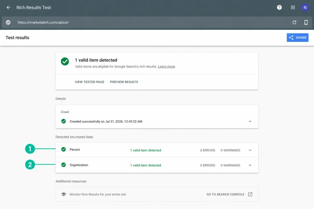 Google Rich Results Test showing valid Person and Organization structured data with no errors