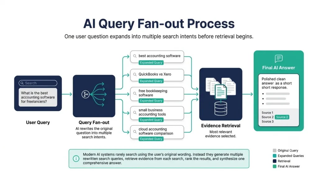 One user question expanding into eight sub-queries, each mapped to the section that should answer it