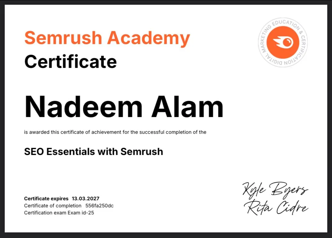Semrush Academy SEO Essentials certificate of achievement completed by Nadeem Alam, professional SEO specialist