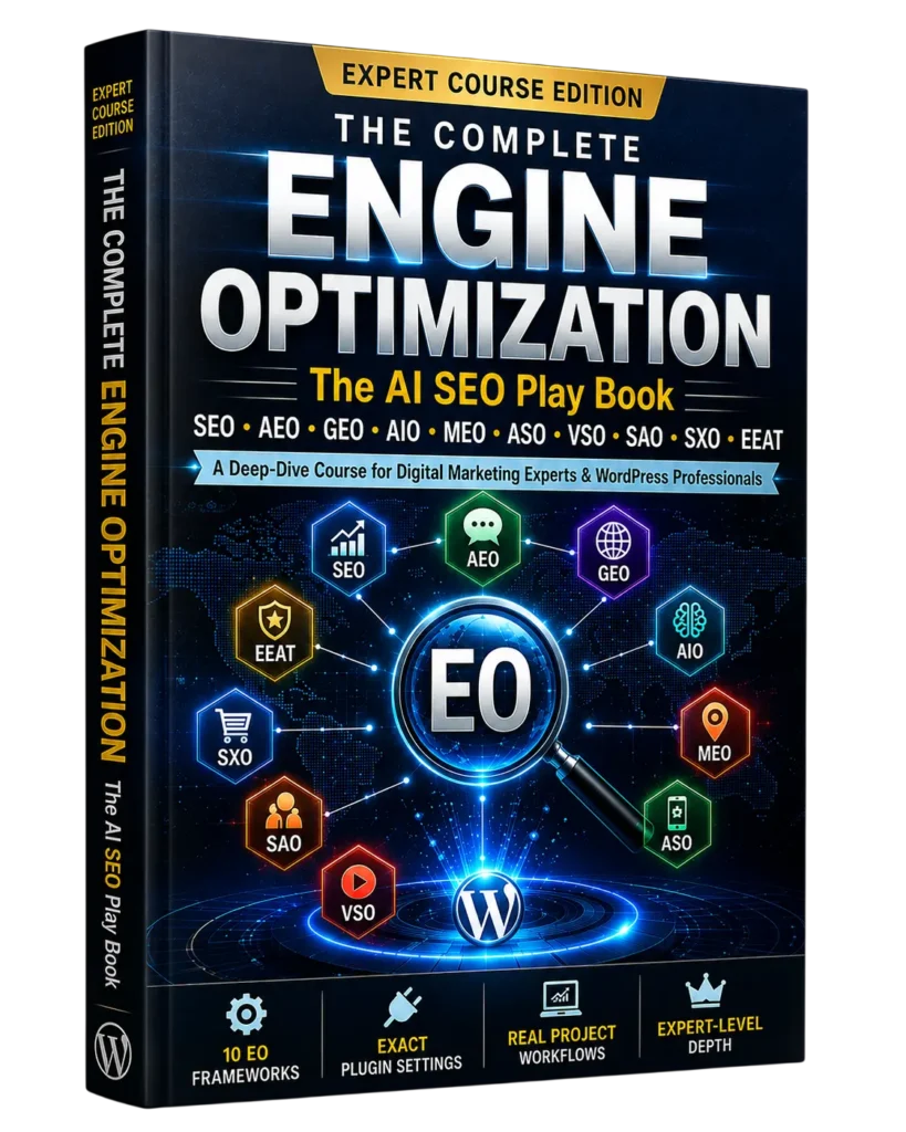 The AI SEO Playbook cover — Complete Engine Optimization masterclass edition showing 10 EO frameworks.