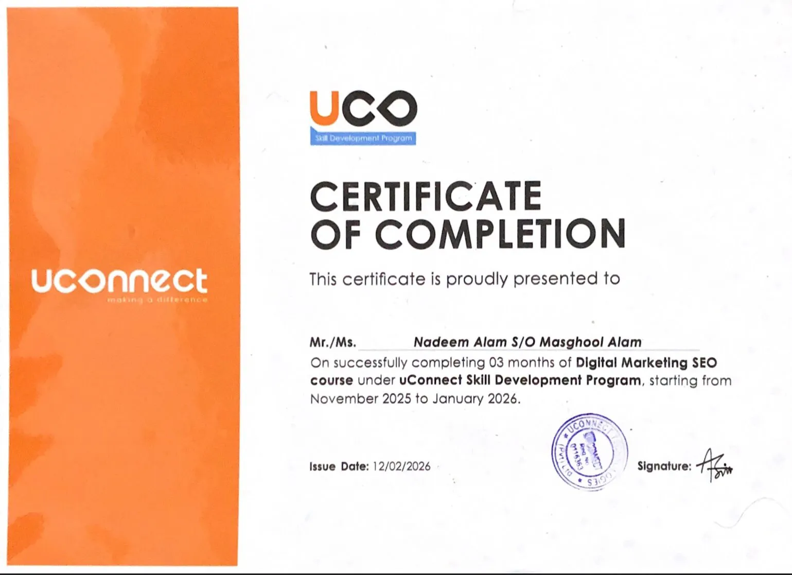 Certificate of completion for a 3-month Digital Marketing and SEO course by uConnect Skill Development Program awarded to Nadeem Alam