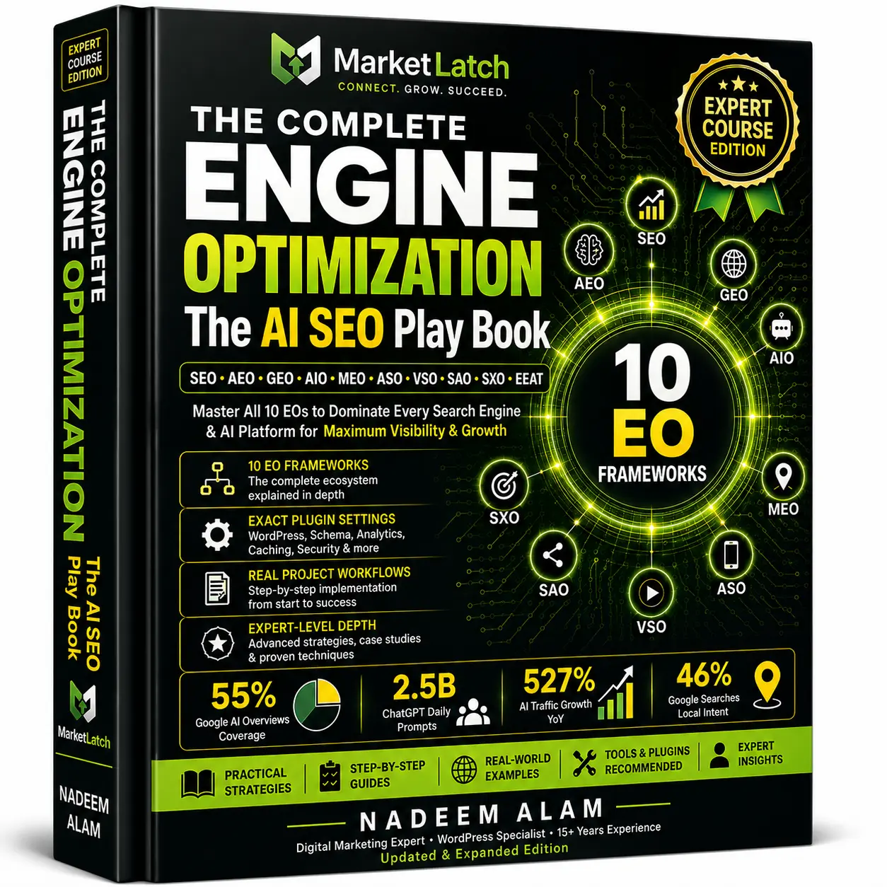 AI SEO optimization guide book cover featuring the complete 10-framework SEO and AI search playbook by Nadeem Alam