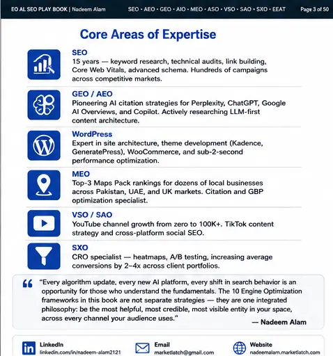 AI SEO Optimization Guide page showing core SEO, GEO, AEO, WordPress, MEO, VSO, SAO and SXO expertise
