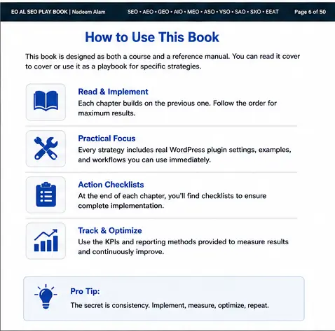 AI SEO Optimization Guide page explaining how to read, implement, track and optimize the book's SEO frameworks
