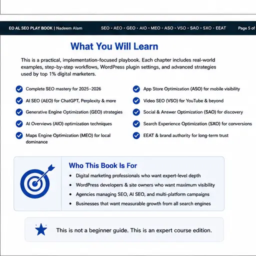 AI SEO Optimization Guide page outlining the 10 frameworks, practical workflows and SEO strategies covered in the book