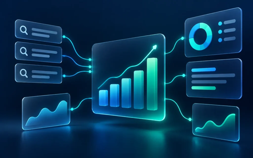 Abstract illustration of search data flowing into analytics dashboards, representing SEO and AI search visibility