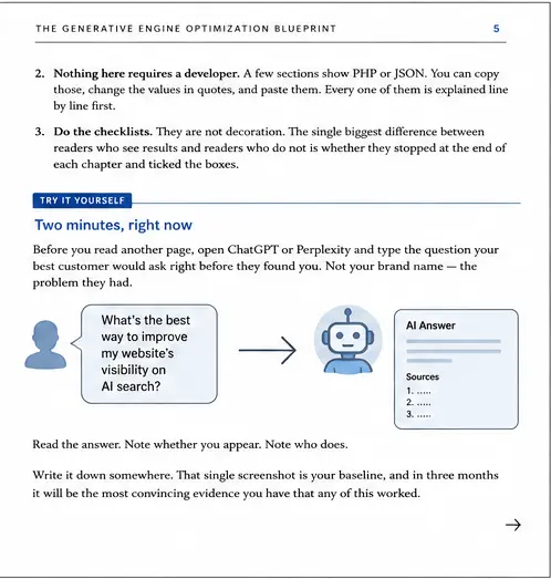 The Generative Engine Optimization Blueprint page showing a practical AI search visibility exercise