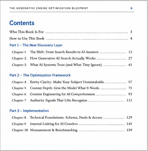 The Generative Engine Optimization Blueprint table of contents showing chapters on generative engine optimization
