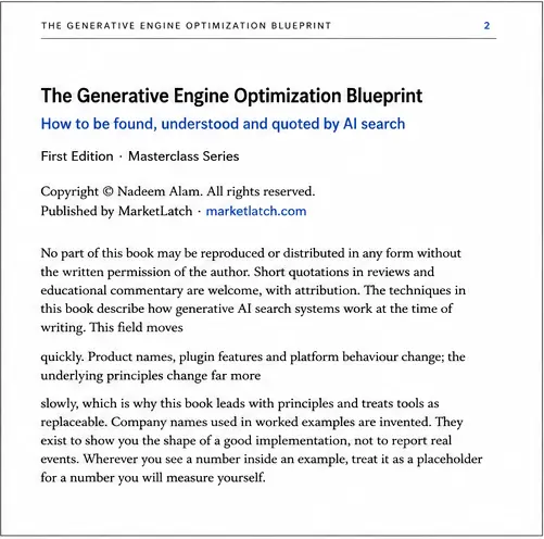 The Generative Engine Optimization Blueprint copyright and publication page by Nadeem Alam
