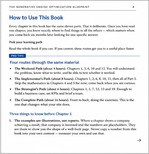The Generative Engine Optimization Blueprint page explaining how to use the book and choose a learning path