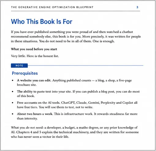 The Generative Engine Optimization Blueprint page explaining who the book is for and its prerequisites