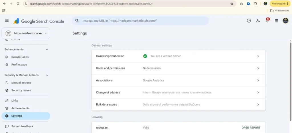 Google Search Console settings page for nadeem.marketlatch.com showing verified ownership, Google Analytics association and a valid robots.txt