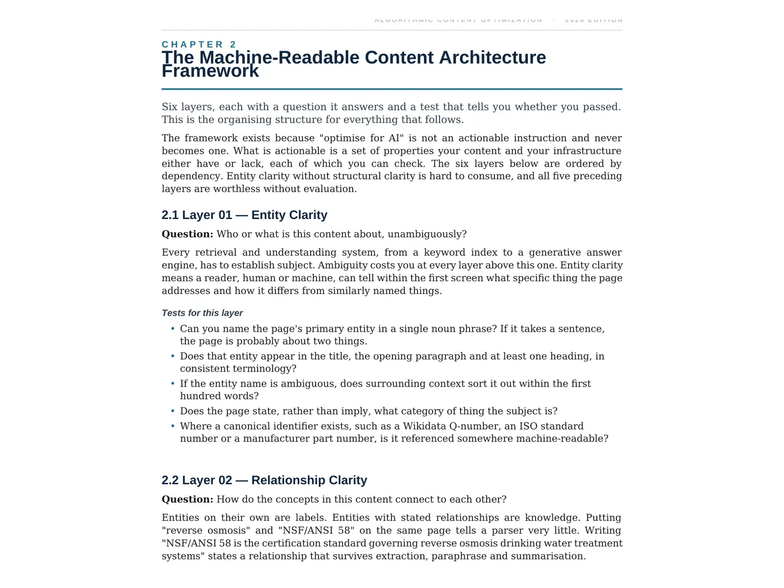 Semantic SEO machine-readable content architecture six-layer framework
