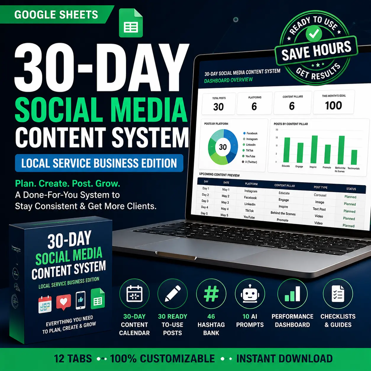 30-day content calendar template Google Sheets for planning, organizing, scheduling, and publishing content