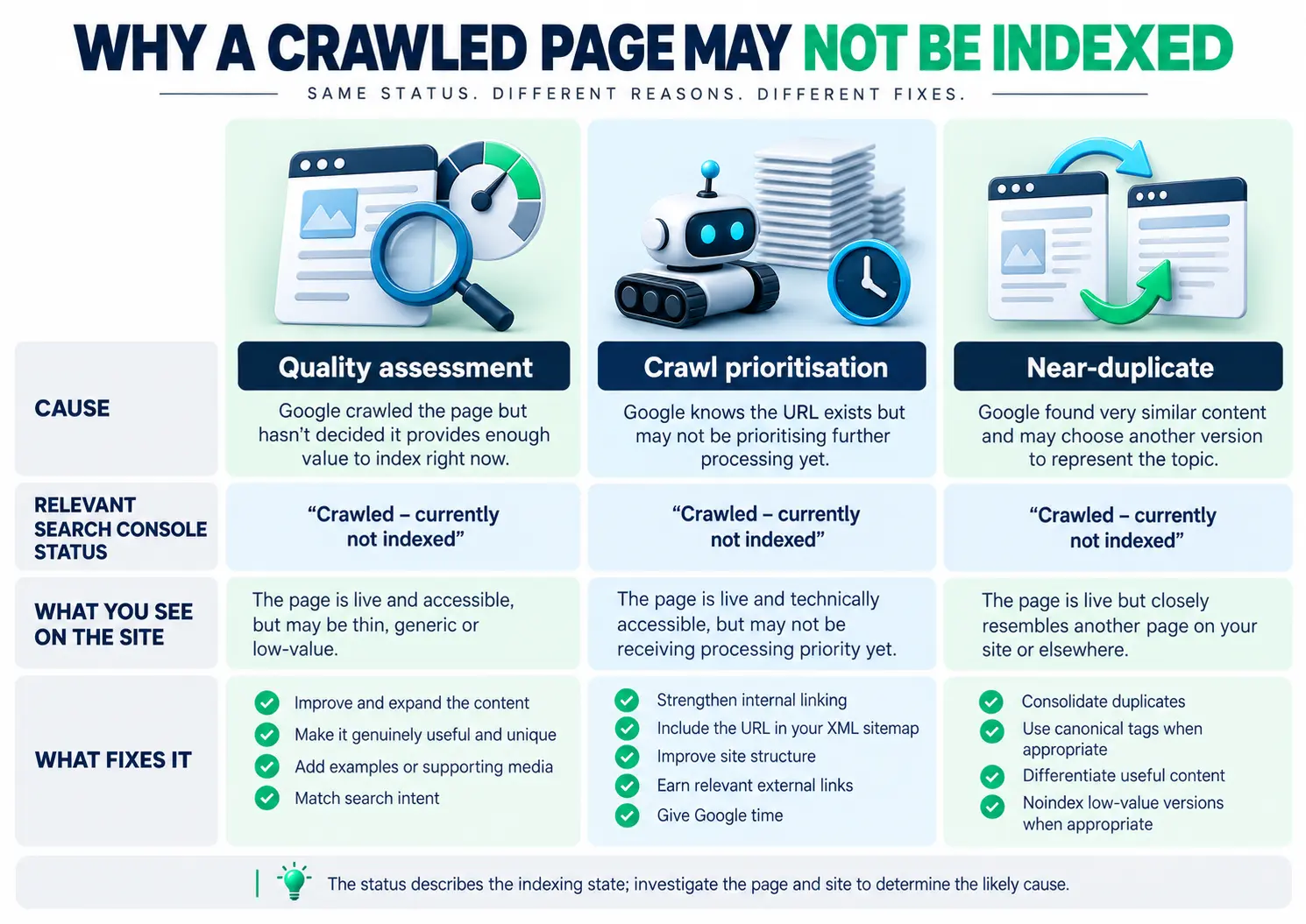 Three possible causes of a crawled but currently not indexed page: quality assessment, crawl prioritisation and near-duplicate content.