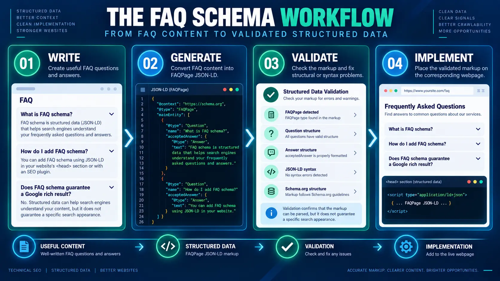 FAQ schema workflow from writing FAQ content to generating, validating and implementing JSON-LD
