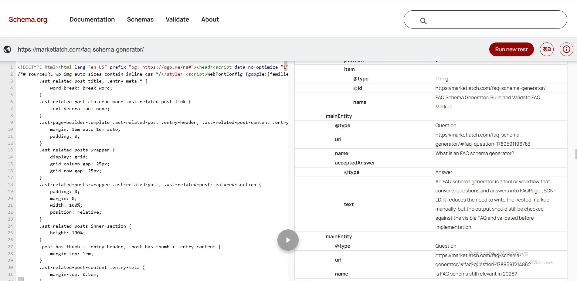 Schema.org Validator result for FAQPage structured data