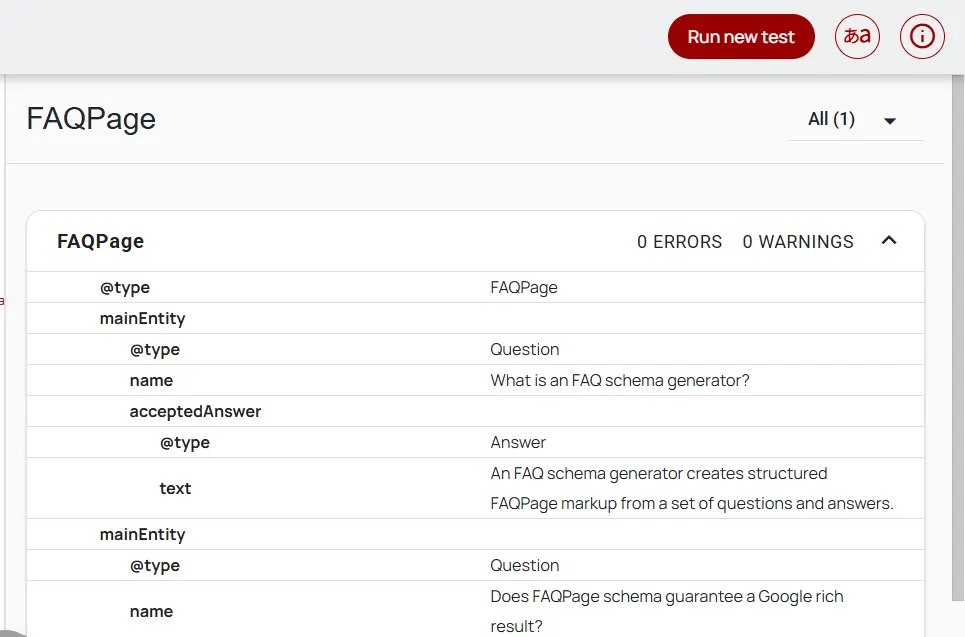 Schema.org Validator showing FAQPage with Question and Answer properties and zero reported errors and warnings