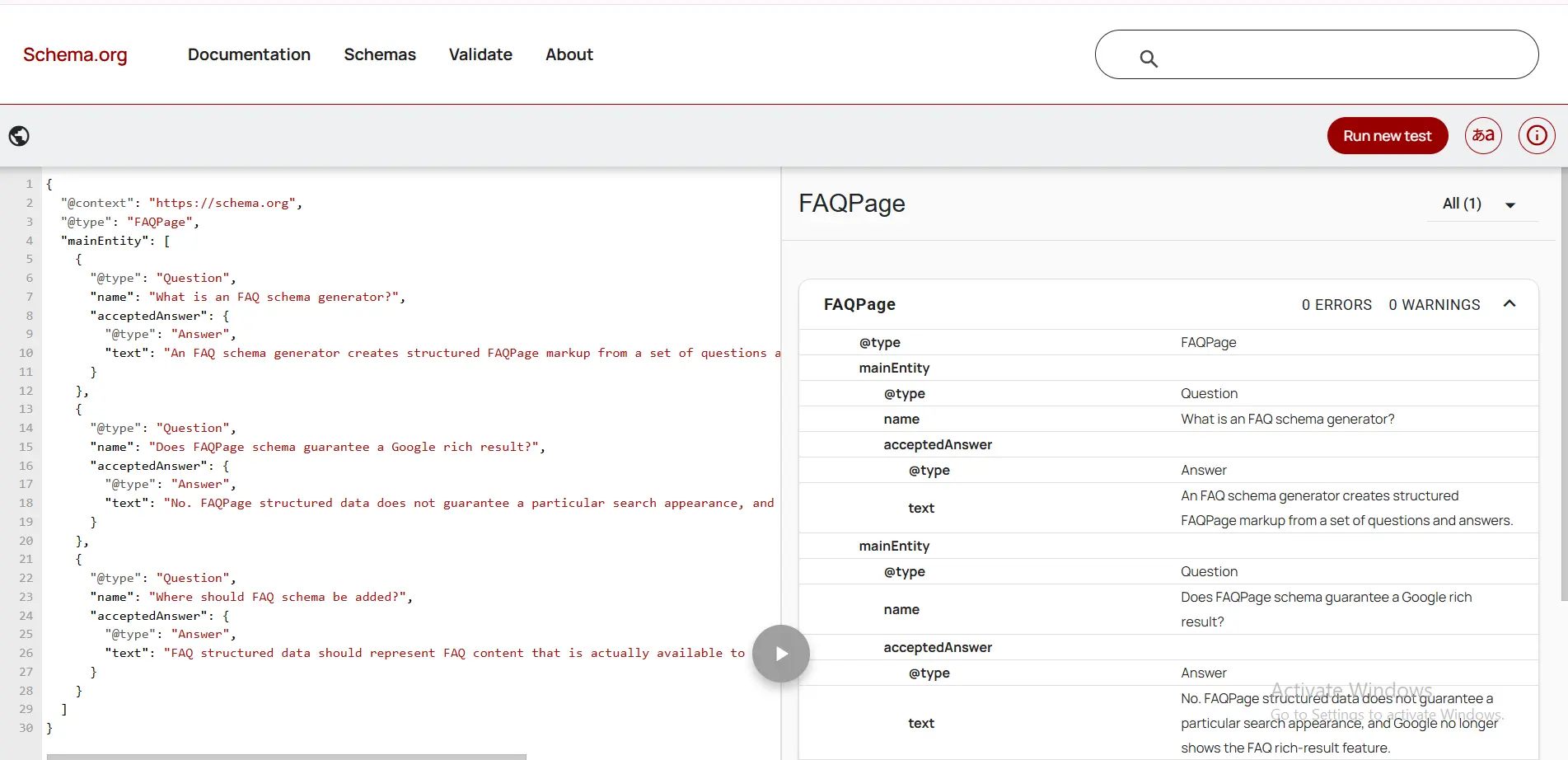 FAQPage JSON-LD example showing Question and accepted Answer properties