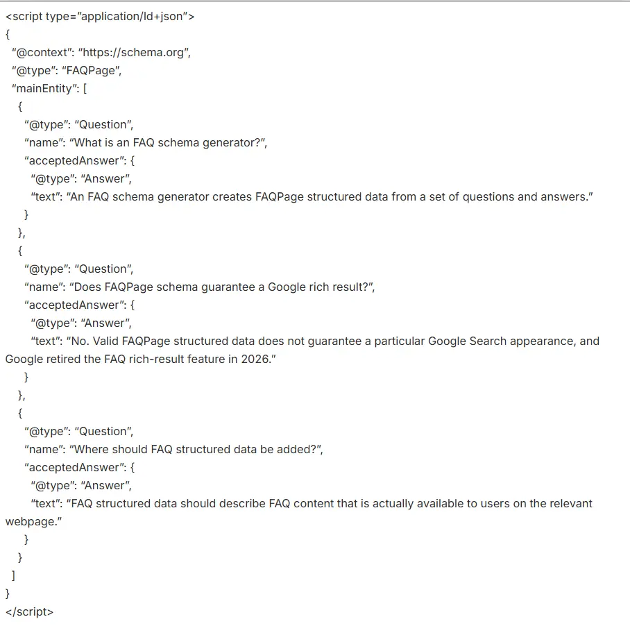 FAQPage JSON-LD structure with Question and acceptedAnswer