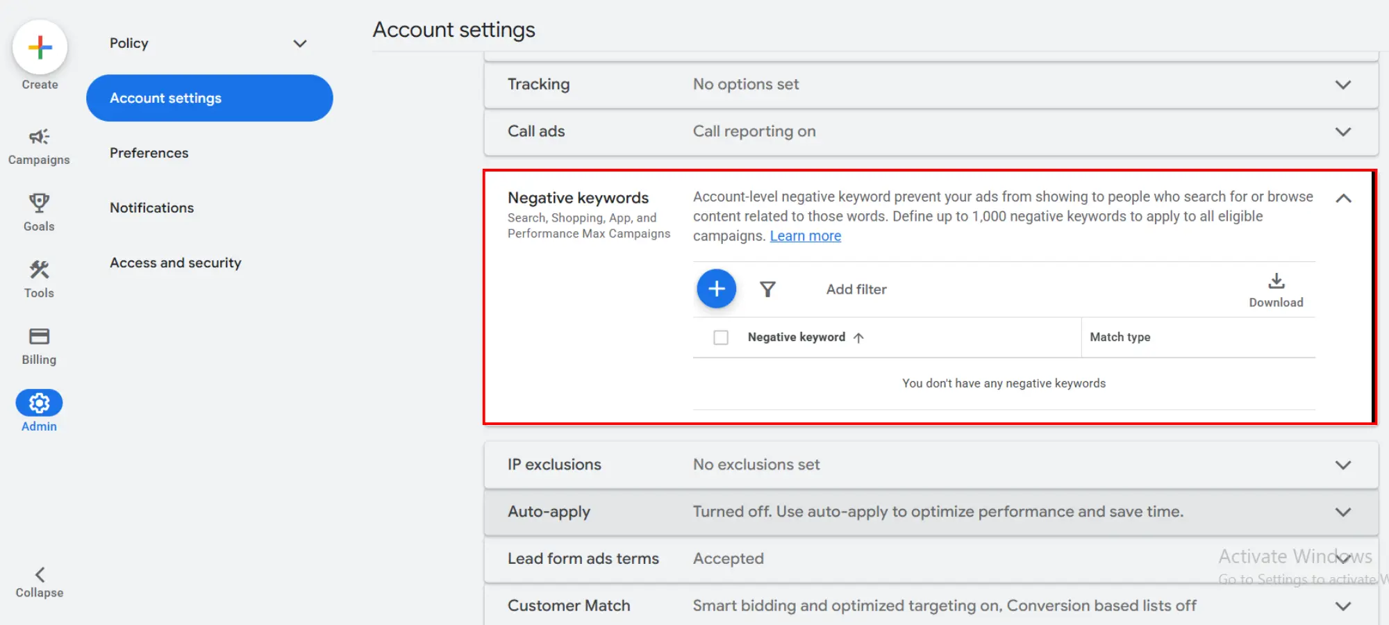 Google Ads account-level negative keywords