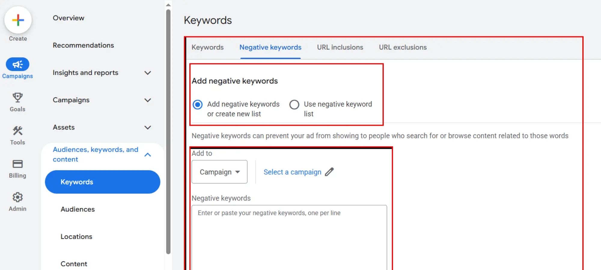 Adding a negative keyword in Google Ads