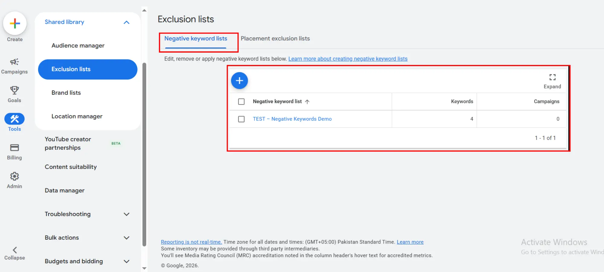 Google Ads negative keyword list library