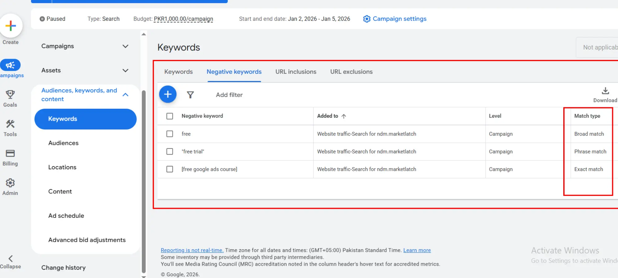 Selecting a negative keyword match type in Google Ads