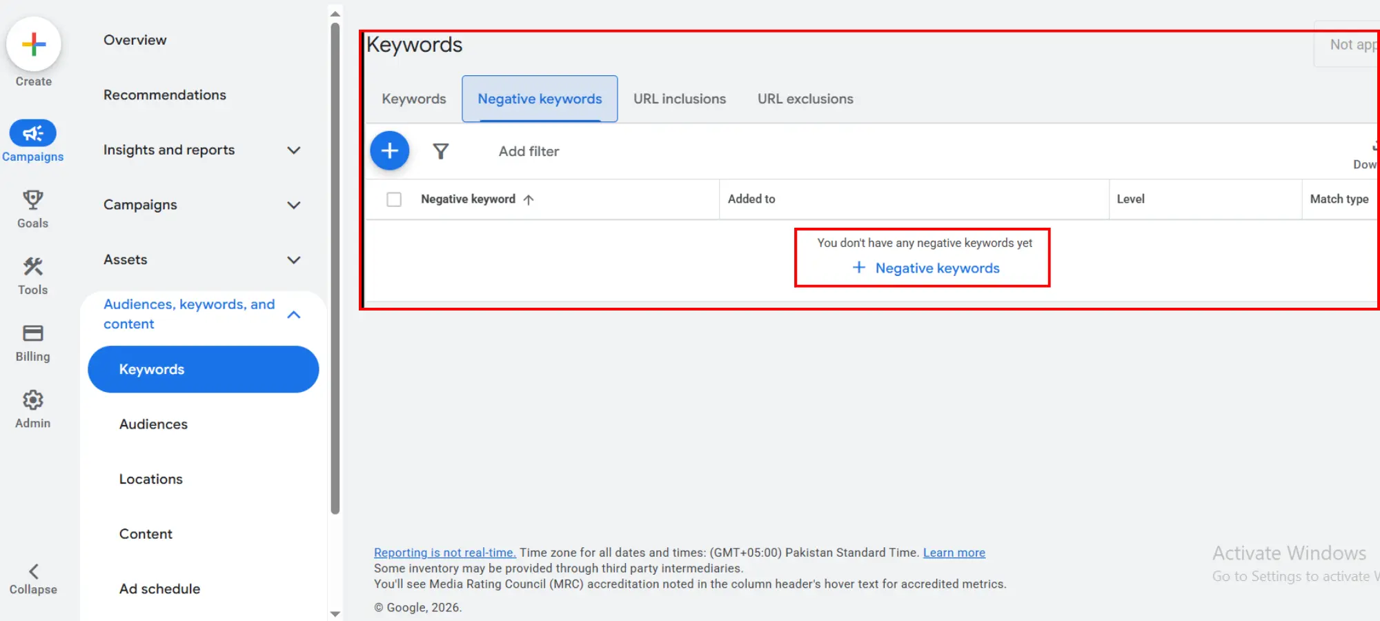 Google Ads negative-keyword navigation