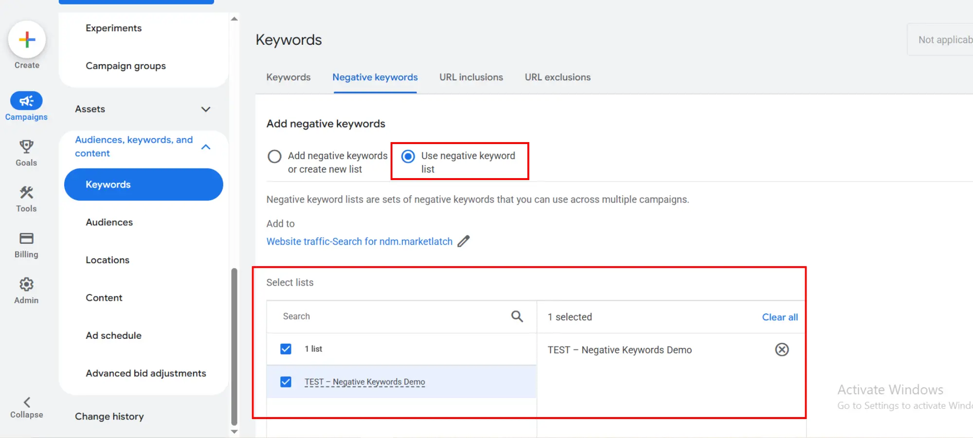 Applying a negative keyword list to campaigns in Google Ads