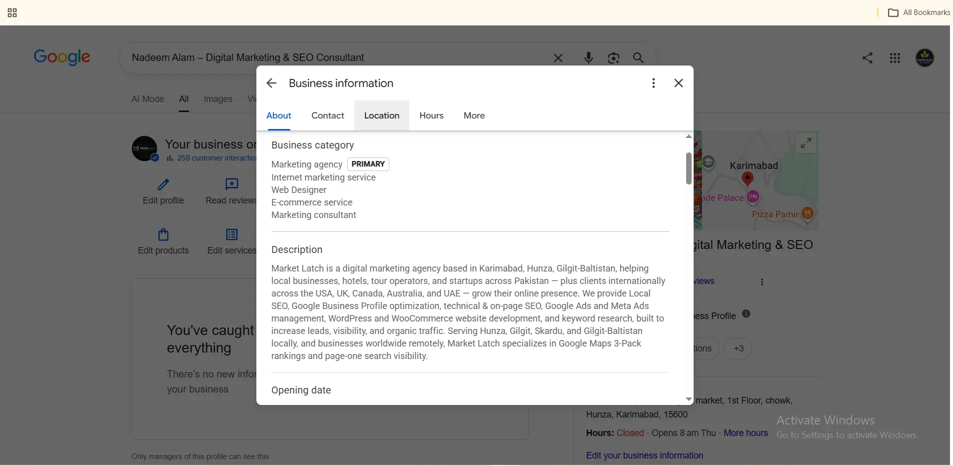Google Business Profile business information showing categories and business description