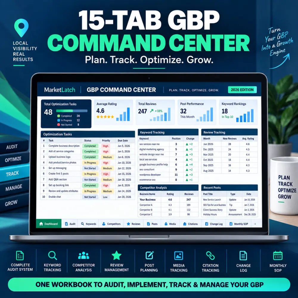 15-tab Google Business Profile Command Center workbook for auditing, tracking, and management