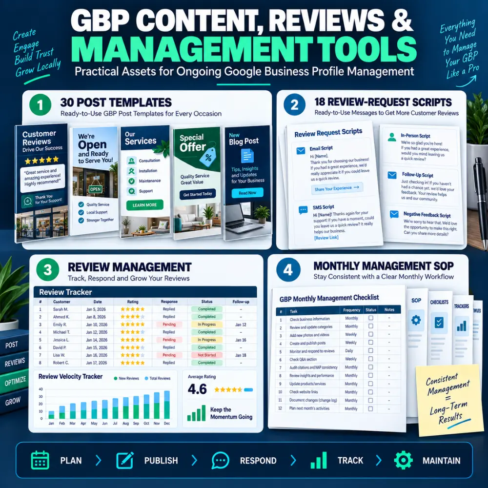 Google Business Profile post templates, review scripts, tracking tools, and management resources