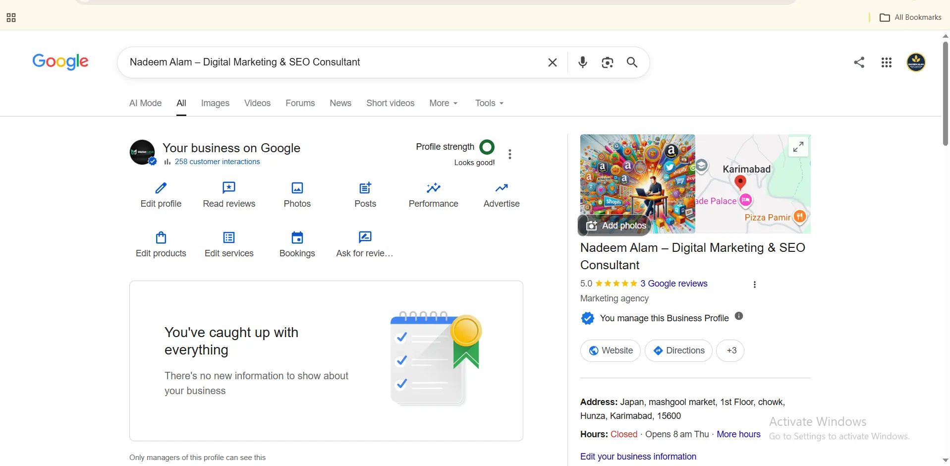 Google Business Profile dashboard showing profile management and performance options