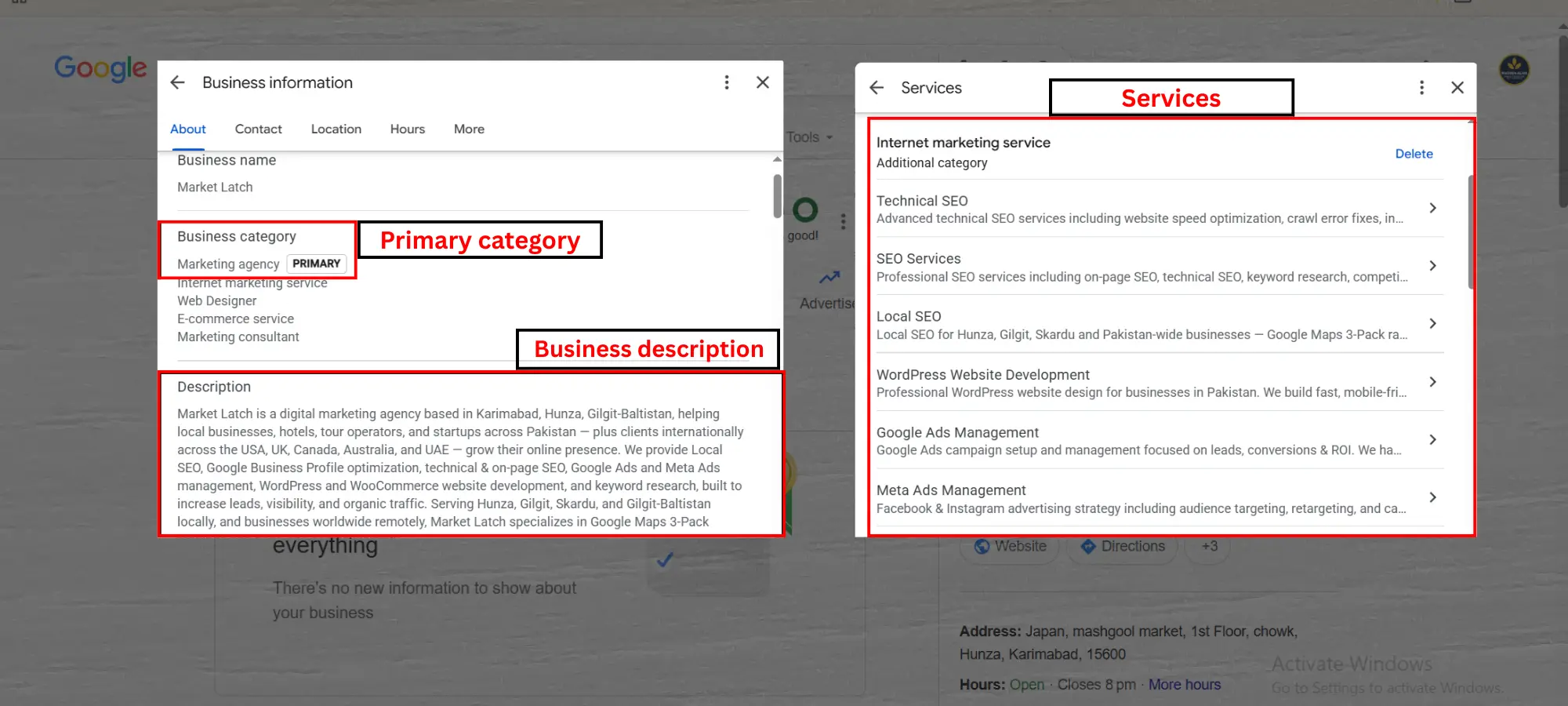 Google Business Profile editor showing business information, categories, description and services.