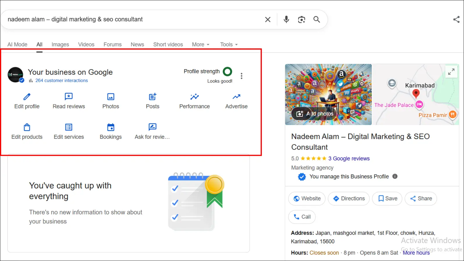 Google Business Profile management screen showing the business profile controls.