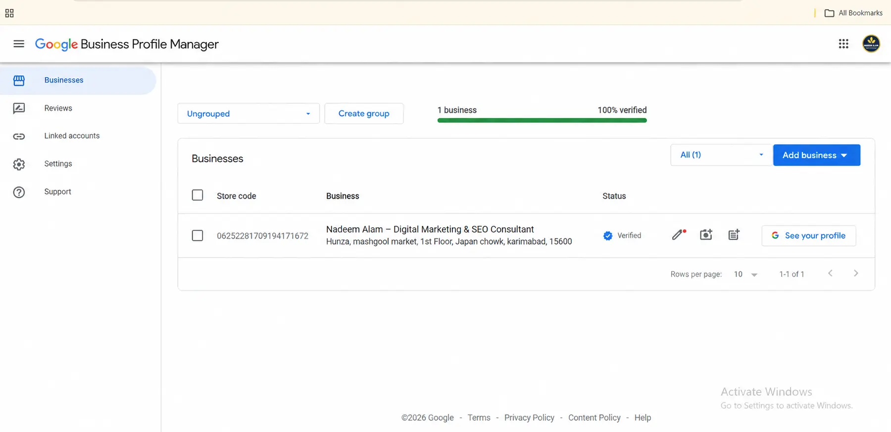 Google Business Profile Manager showing a verified business listing