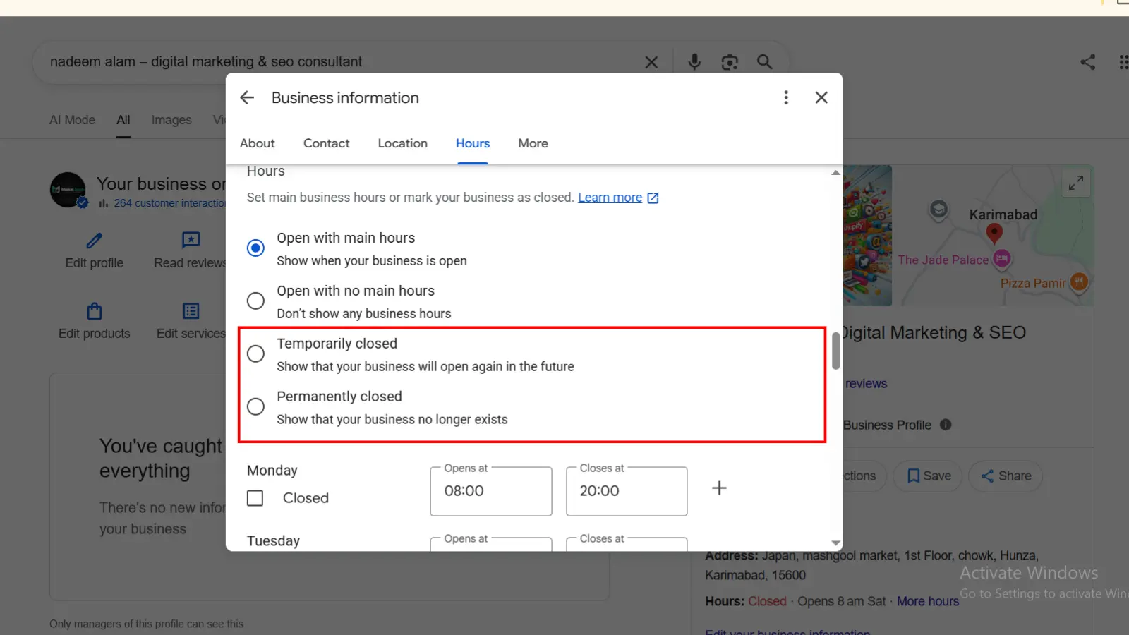 Google Business Profile Hours menu showing the Permanently closed option.