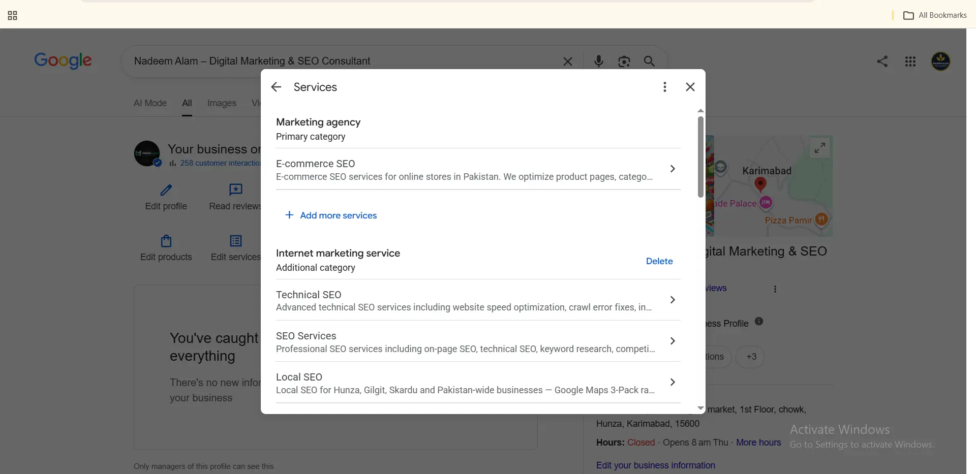 Google Business Profile showing business categories and added services
