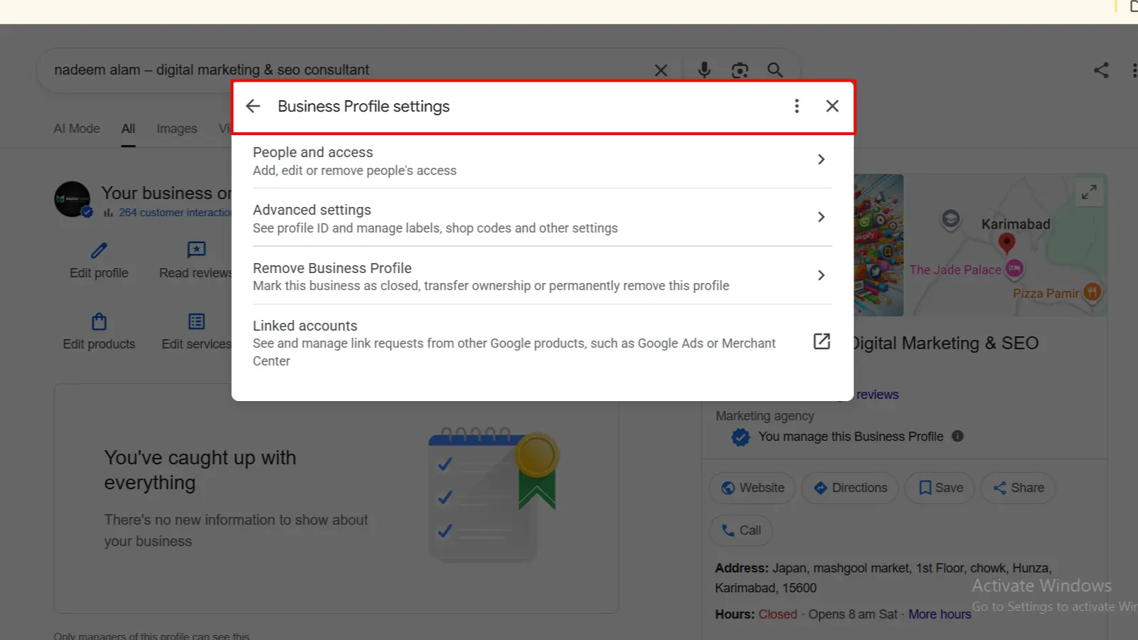 Google Business Profile settings menu showing the removal settings.