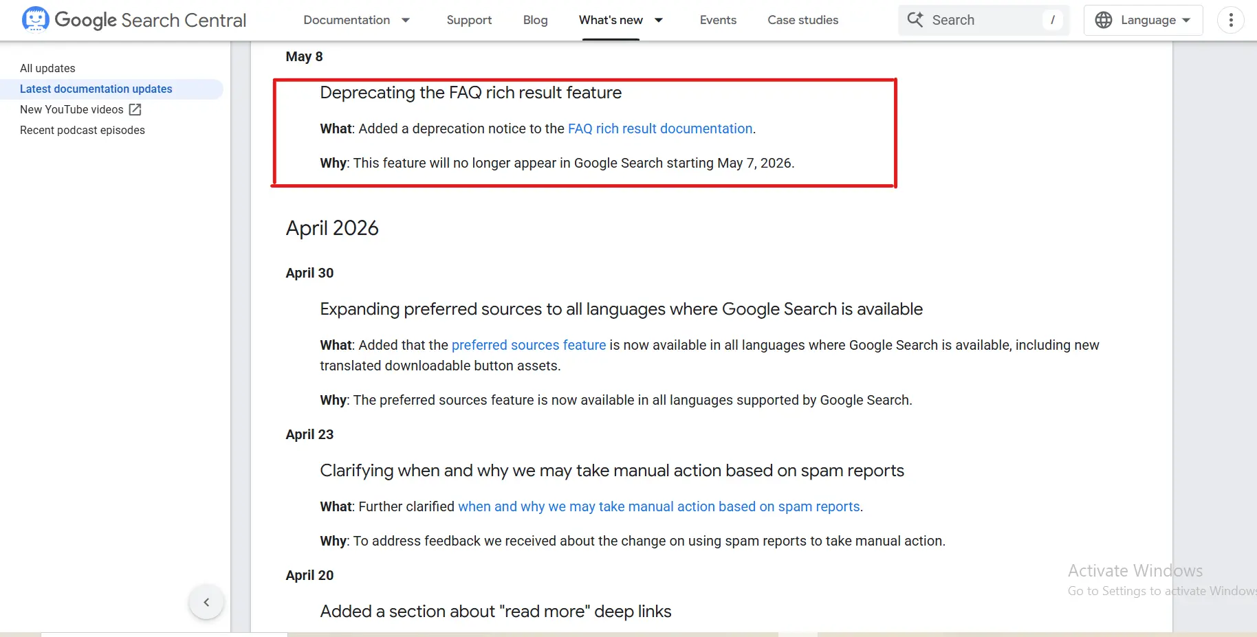 Google Search Central notice showing the 2026 FAQ rich result deprecation