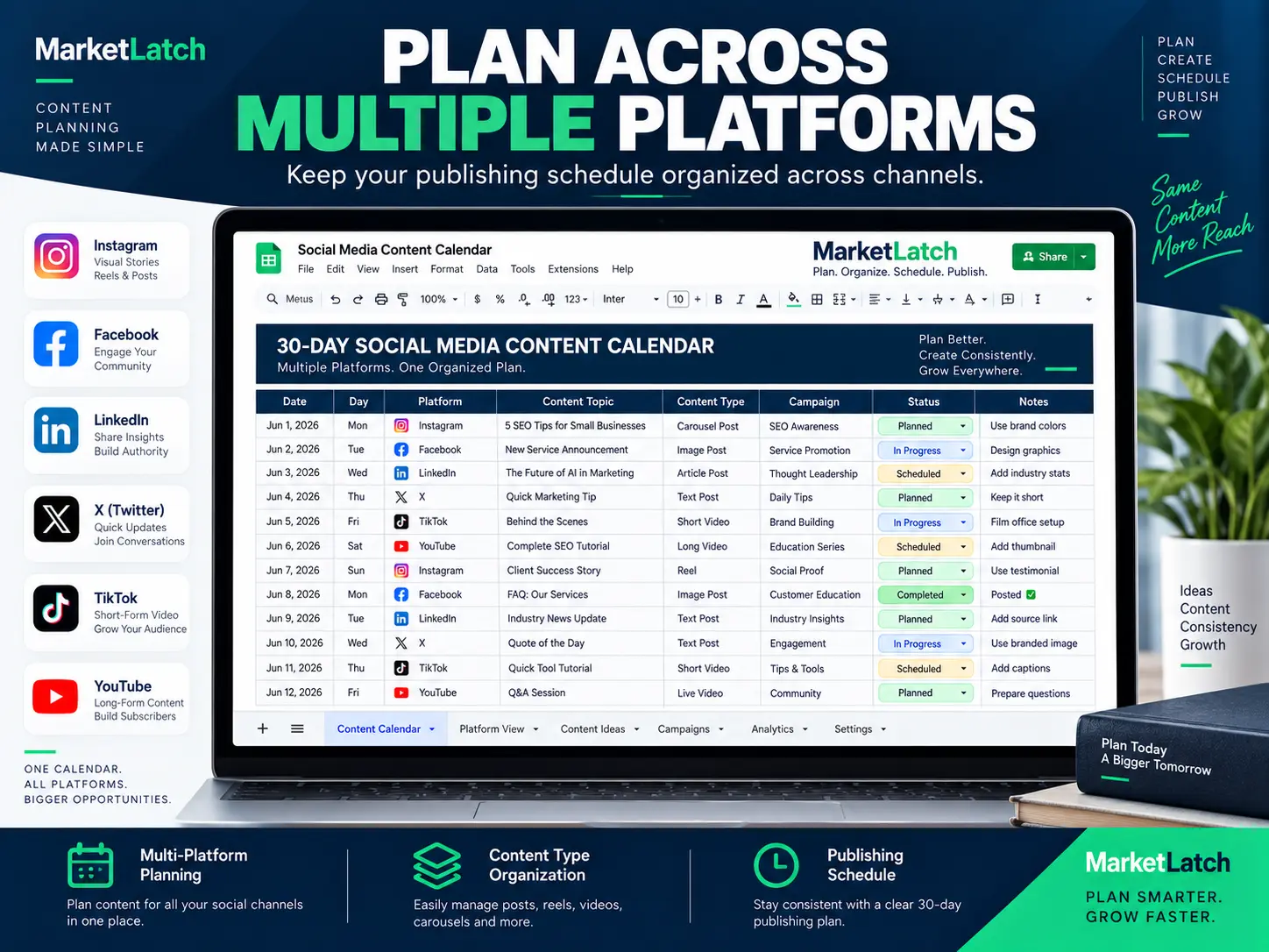 Google Sheets social media calendar template for planning Instagram, Facebook, LinkedIn, X, TikTok, and YouTube content