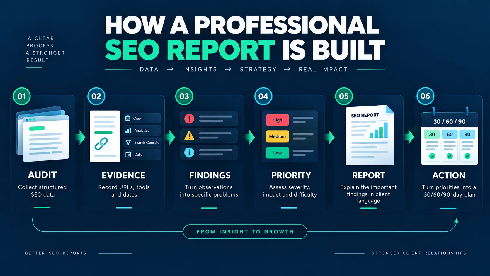 Professional SEO reporting workflow from audit through evidence, findings, priority, report and action